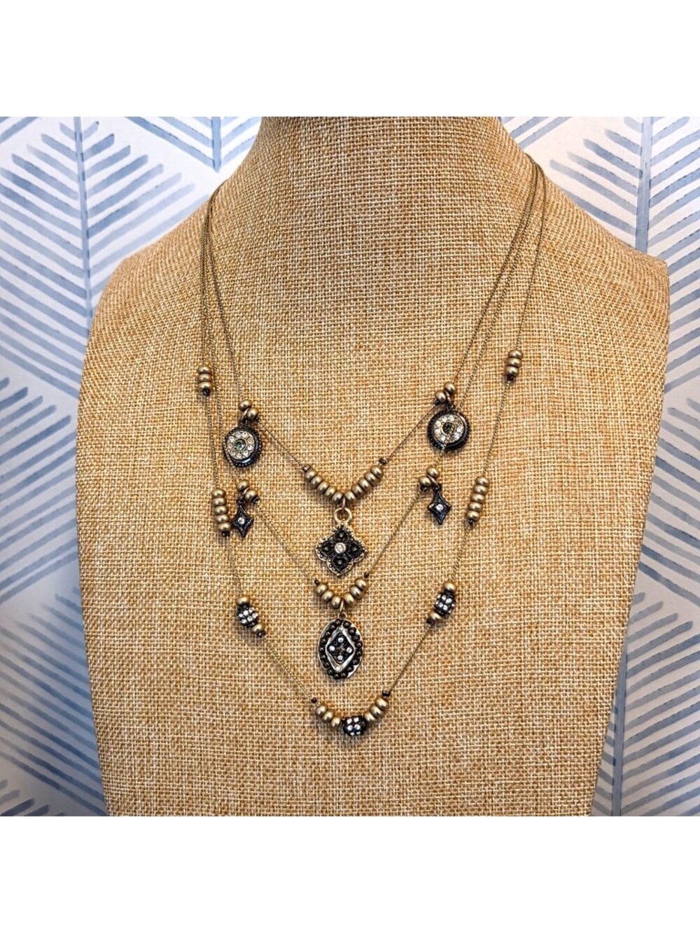 Chico's Silver Tone, Black & Blue Pendant Multi Strand Layering Necklace